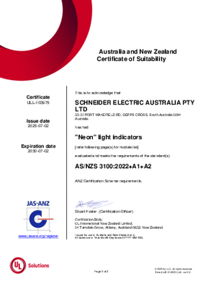 Clipsal, 30N Neon light indicator mech series, Certificate, RCM, ULNZ LTD
