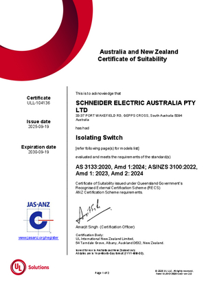 Clipsal, WHA135 Isolating Switch, Certificate, RCM, ULNZ LTD