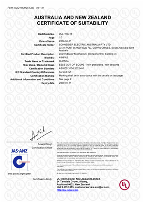 Clipsal, 40NPA LED indicator module, Certificate, RCM, ULNZ LTD