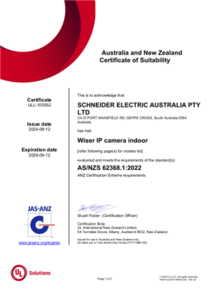 Clipsal, Wiser IP camera indoor, Certificate, RCM, ULNZ LTD