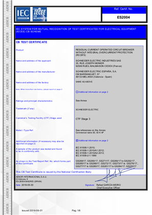 CB Certificate ES2004 for iID Monoconnect according to IEC 61008-1 and IEC 61008-2-1