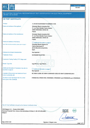 Certificate CEBEC BE-8523 for Vigi QPN/TSN6b, Vigi iDPN, Vigi DT40, Vigi C40, Vigi N40 3P-3PN 6000A-10kA according to IEC60947-2:2006 +A1 +A2