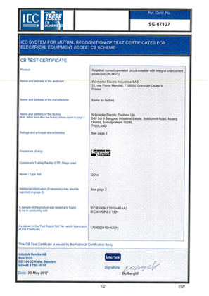 CB Certificate SE87127 for QOvs RCBO according to IEC 61009-1:2010 +A1 +A2 and IEC 61009-2-2:1991