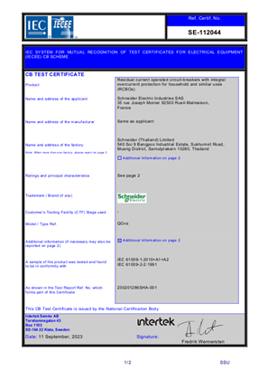 CB Certificate SE-112044 for QOvs RCBO according to IEC 61009-1:2010 +A1 +A2 and IEC 61009-2-2:1991