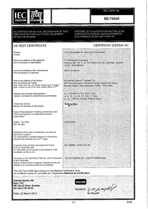 Certificat iK60a selon CEI 60898-1:2002