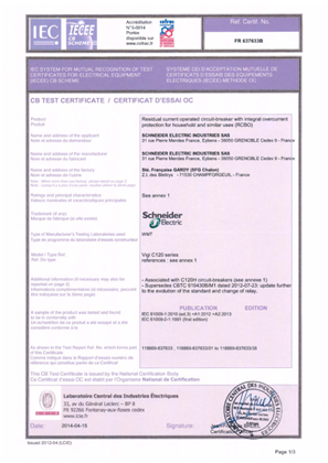 Certificate Vigi C120 (15kA) according to IEC 61009-1:2010 and IEC 61009-2-1:1991