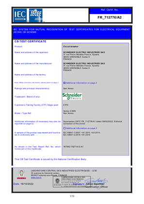 CB Certificate for MCB iC60N according to IEC 60947-2