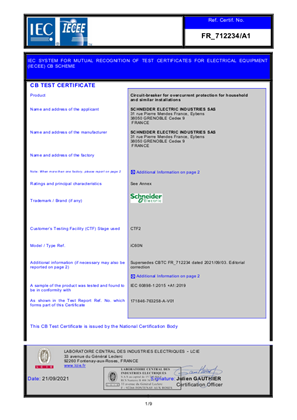 CB Certificate for MCB  iC60N  according to IEC 60898-1