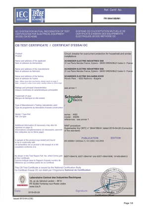 Certificate iK60N 584418B according to IEC 60898-1:2002 +A1 +A2
