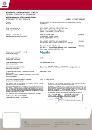 CCA Certificate for MCB iC60H  according to EN 60898-1