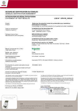 CCA Certificate for MCB iC60N according to EN 60898-1