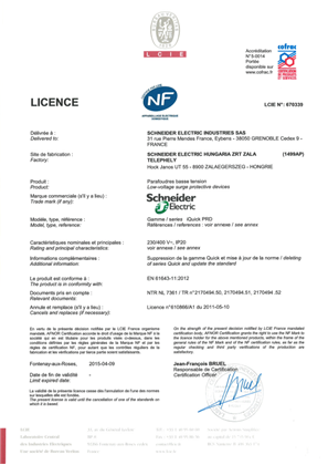 Licence NF 670339 for iQuickPRD 8r-20r-40r according to EN61643-11:2012