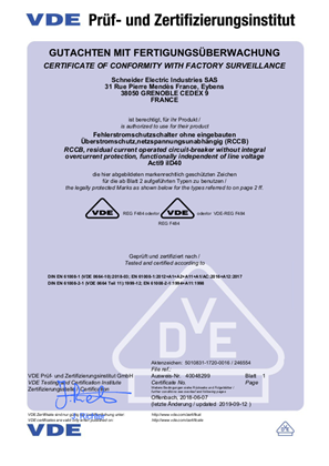 Licence VDE 40048299 for RCCB iID40 Bottom Feed Type AC