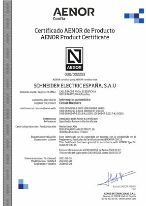 Licence AENOR for MCB iC60H_N 030-002253 according to EN 60898-1:2003 +A1+A11+A12+A13