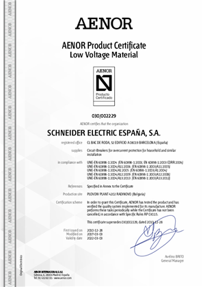 Licence AENOR iK60N 030-002229 according to EN 60898-1 +A1 +A11 +A12 +A13