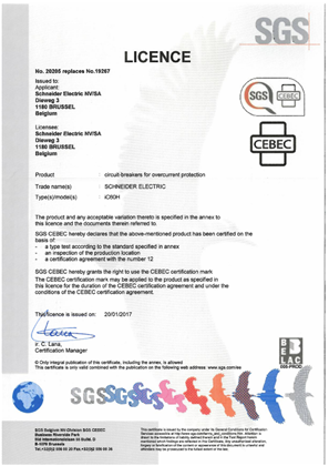 Licence CEBEC for MCB iC60H CEBEC-20205 according to EN 60898-1:2003 +A1+A11+A12+A13