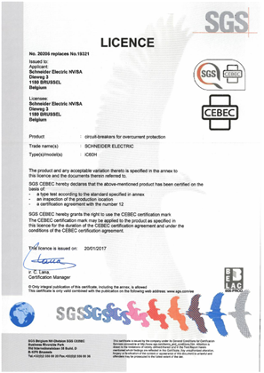 Licence CEBEC for MCB iC60H CEBEC-20206 according to EN 60947-2