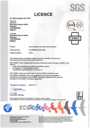 Licence CEBEC for MCB iC60a CEBEC-20215 according to EN 60898-1:2003 +A1+A11+A12+A13