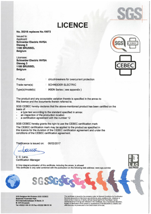 Licence CEBEC iK60N 20216 according to EN 60898-1 +A1 +A11 +A12 +A13