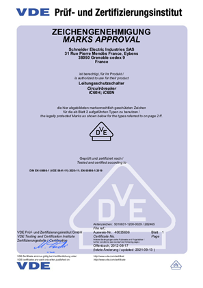 Licence VDE for MCB iC60NH  according to EN 60898-1