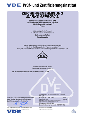 Licence VDE for MCB iC60NH 40037984 according to EN 60947-2