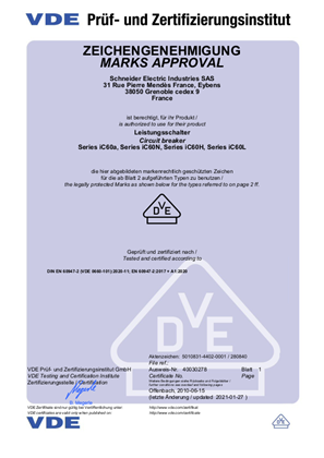 Licence VDE for MCB iC60aNHL 40030278 according to EN 60947-2
