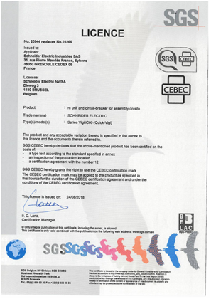 License CEBEC 20944 for QuickVigi iC60 according to EN 61009-1 and EN 61009-2-1