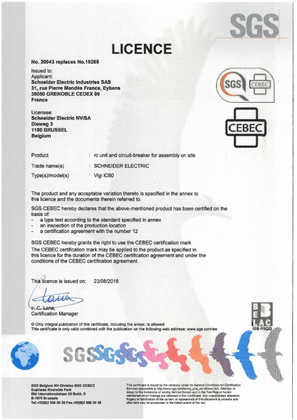 License CEBEC 20943 for Vigi iC60 according to EN 61009-1 and EN 61009-2-1