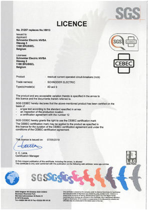 CEBEC License 21257 for RCCB  iID