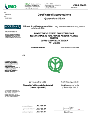 License IMQ CA03-00670 for Vigi iC60 A type according to EN61009-1:2012 +A1 +A2 +A11 +A12 and EN61009-2-1:1994 +A11