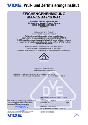 VDE Certificate for iID type A according to EN61008-1:2012 +A1 +A2 +A11 +A12 and EN 61008-2-1:1994 +A11