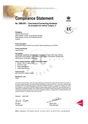 Declaration of Conformity Cat6 Delta Certif 2006-061 Clipsal1