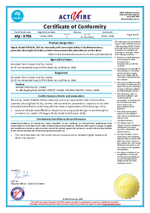 Clipsal, 755WSA smoke alarm, round, Certificate, CSIRO Activfire