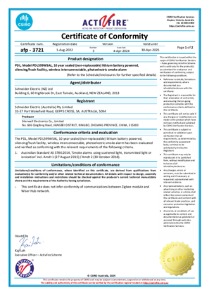 PDL, 599WSAL smoke alarm battery, Certificate, RCM, CSIRO ActivFire Scheme