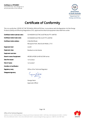 Residual Current Device 4RCBE & RCBE & A9D & DOM series, RCM, Certificate of Conformity