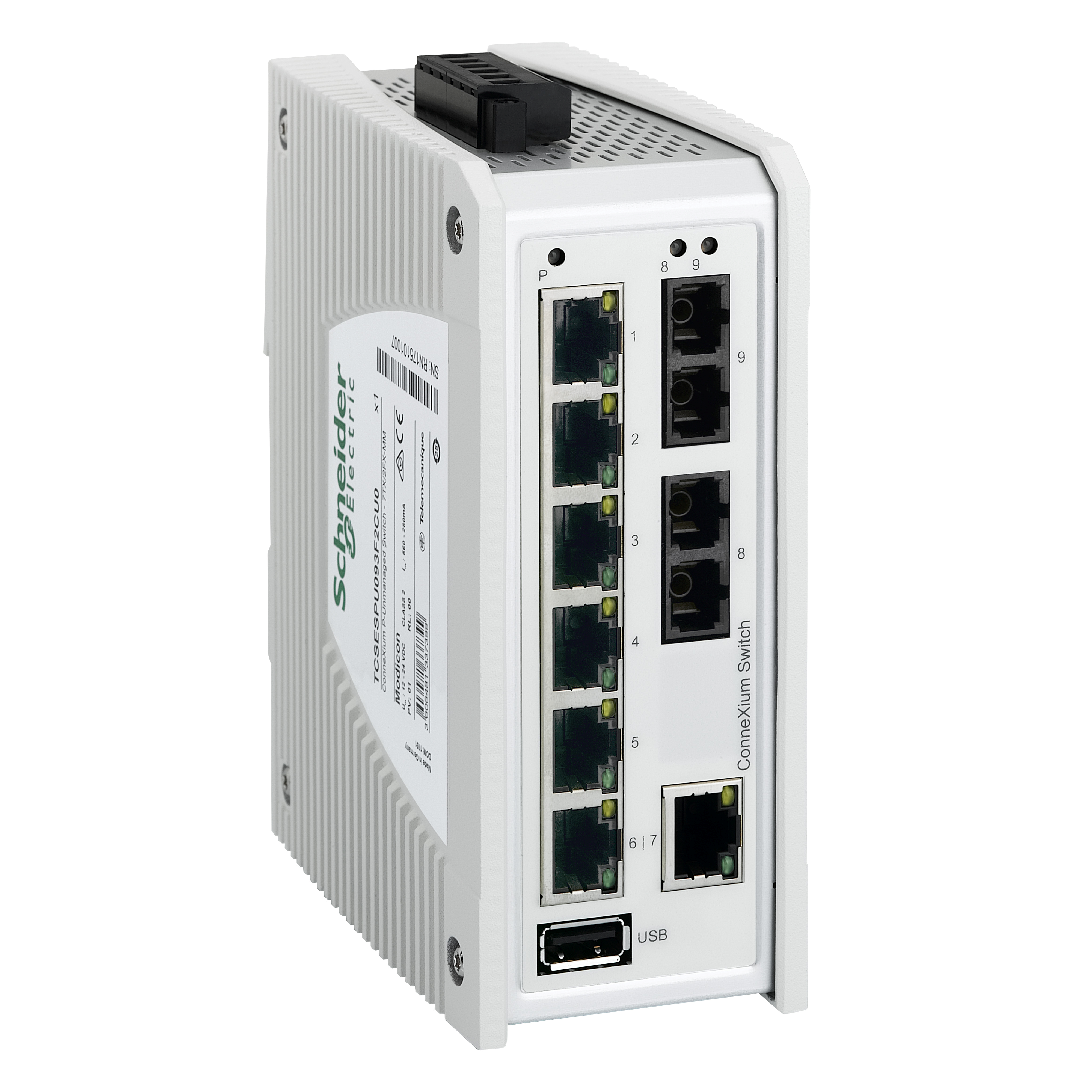 switch, Modicon Networking, premium unmanaged switch, 7 ports for copper, 2 ports for fiber optic multimode