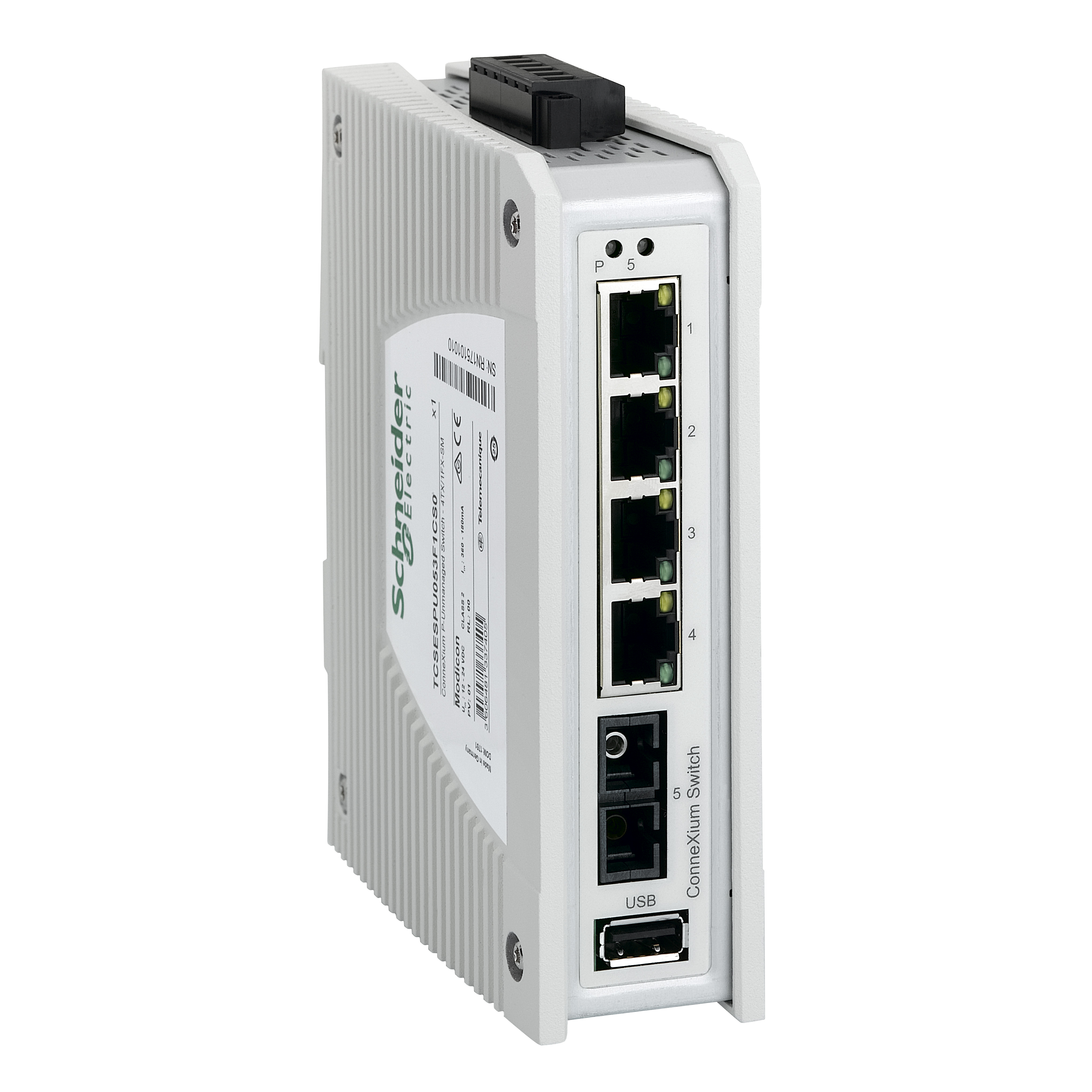 switch, Modicon Networking, premium unmanaged switch, 4 ports for copper, 1 port for fiber optic single-mode