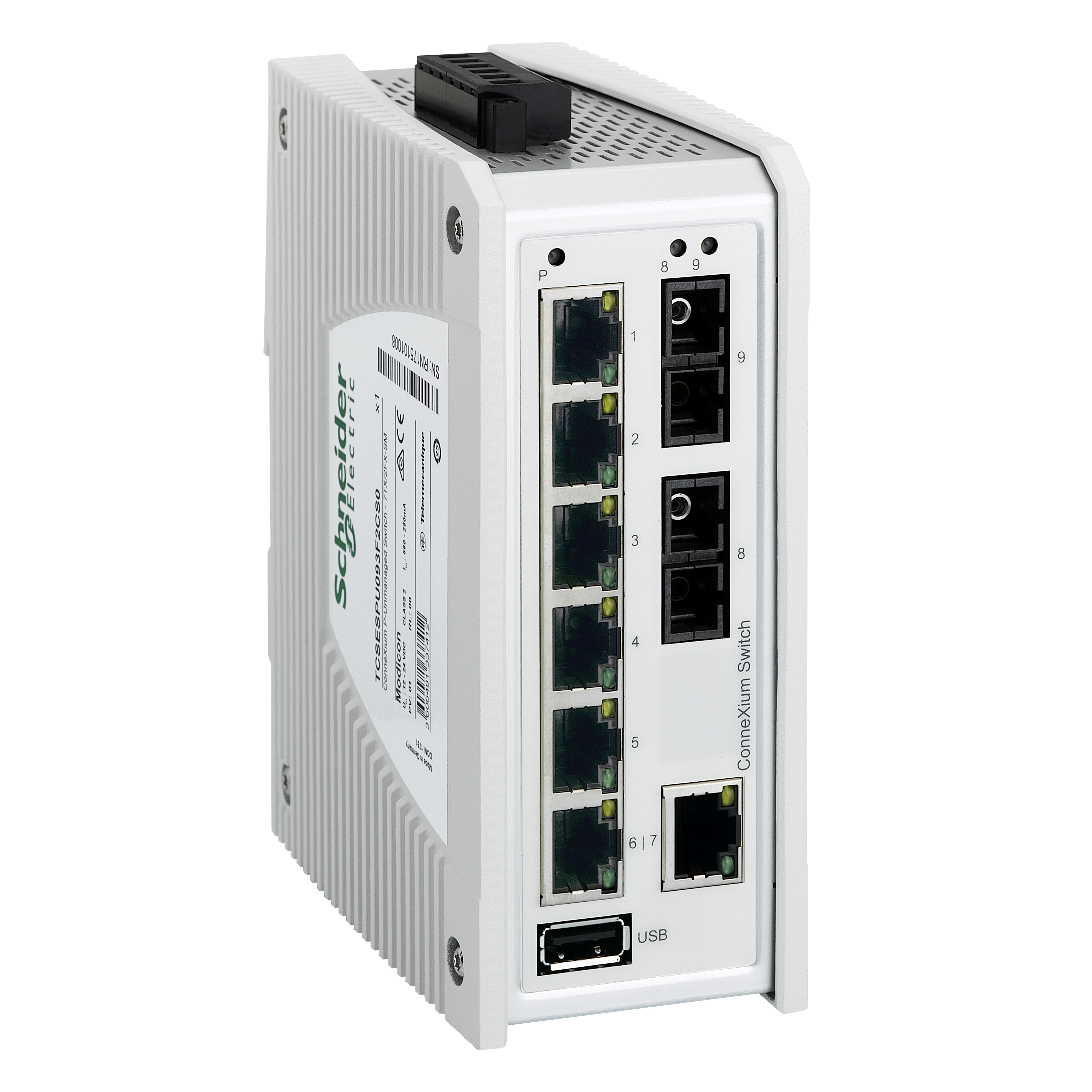 switch, Modicon Networking, premium unmanaged switch, 7 ports for copper, 2 ports for fiber optic single-mode