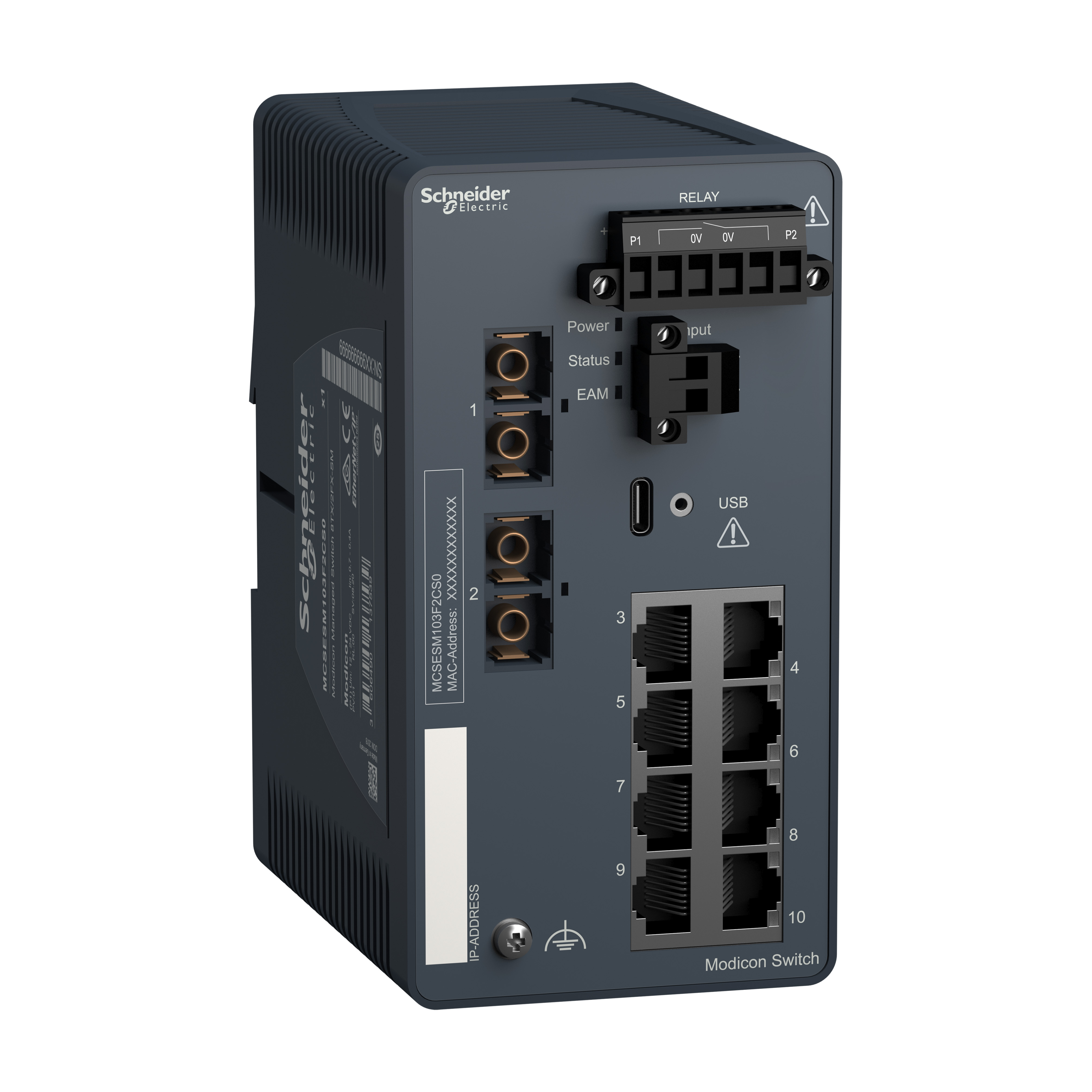 network switch, Modicon Networking, managed, 8 ports for copper with 2 ports for fiber optic, singlemode