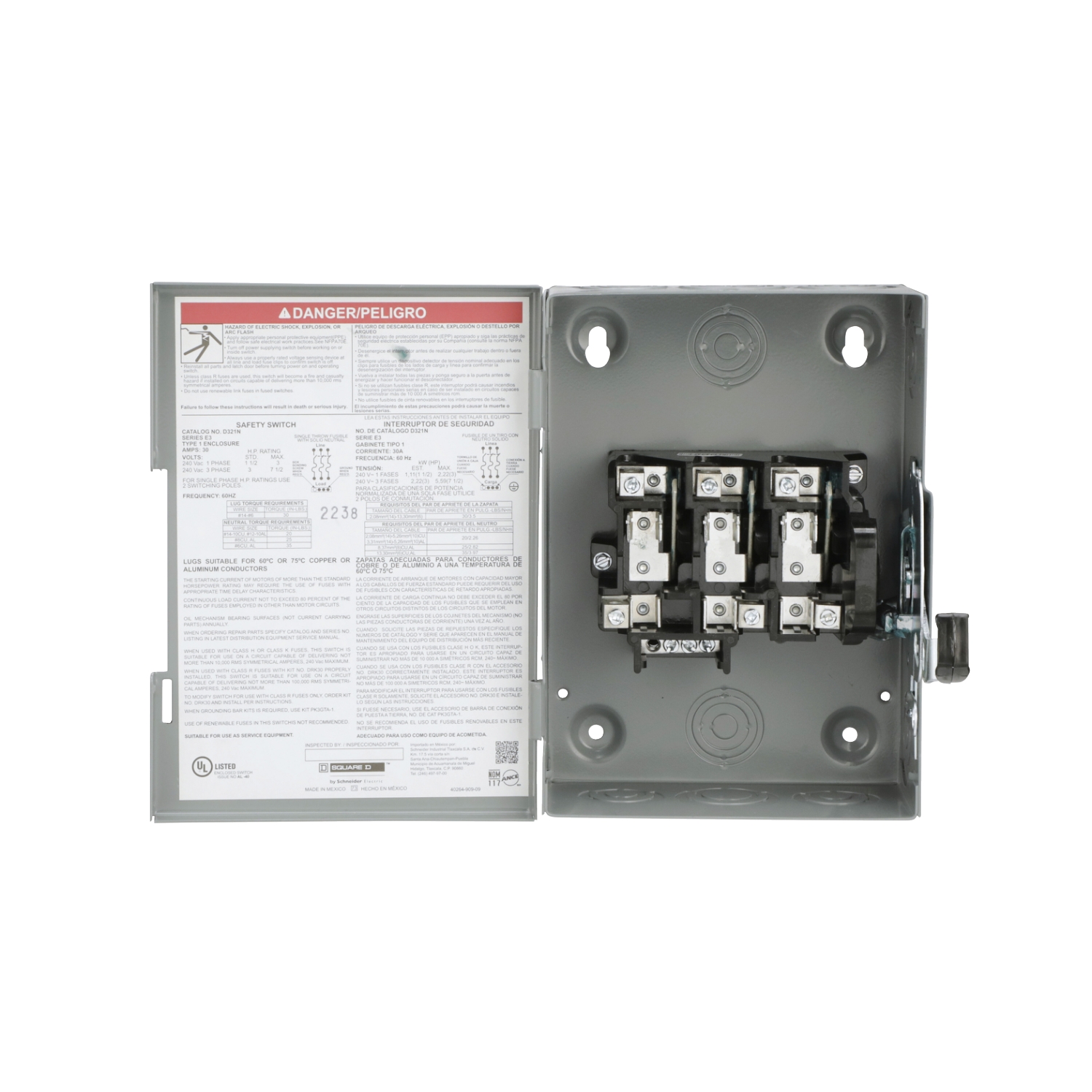 D321N - Safety switch, general duty, fusible, 30A, 3 pole, 7.5hp 