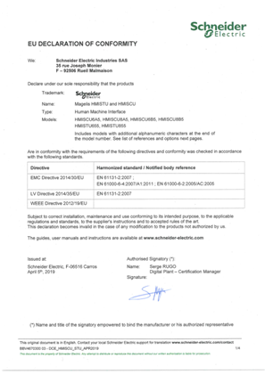 Harmony, HMISCU, HMISTU, Declaration of Conformity, EU CE, Schneider Electric