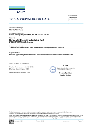 DNV-GL Marine Certificate XB4B XB5A Control and signaling units, XD4PA XD5PA Joystick Controllers
