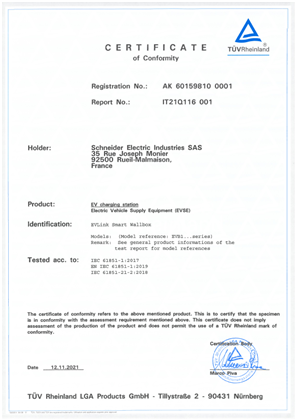 EVlink Smart Wallbox EVB1 series - Certificate of Conformity - TUV