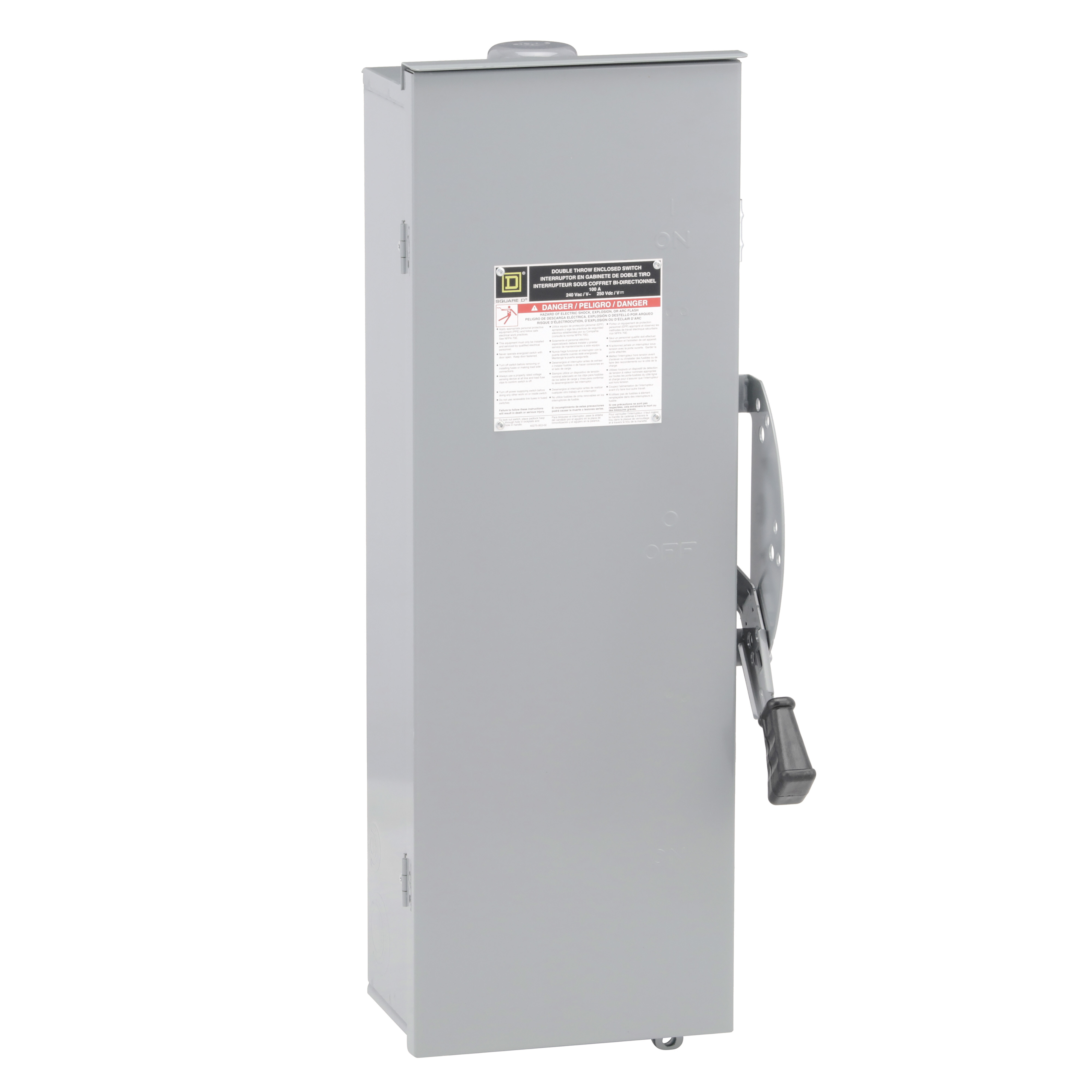 Safety switch, double throw, non fusible, 100A, 240VAC, 250VDC, 2 pole, 20HP, NEMA 3R, bolt on provision