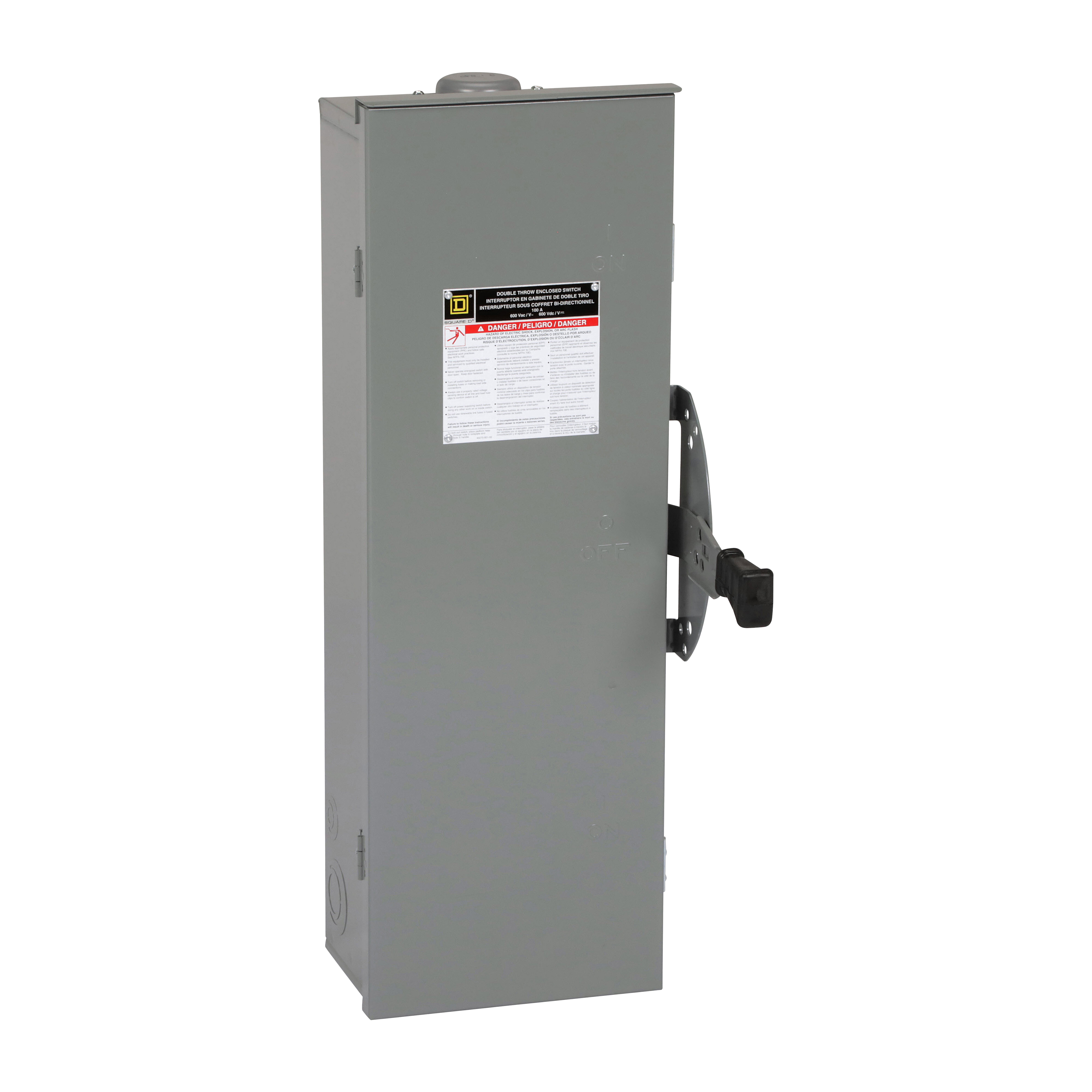 Safety switch, double throw, non fusible, 100A, 600V, 3 pole, 100HP, NEMA 3R, bolt on provision
