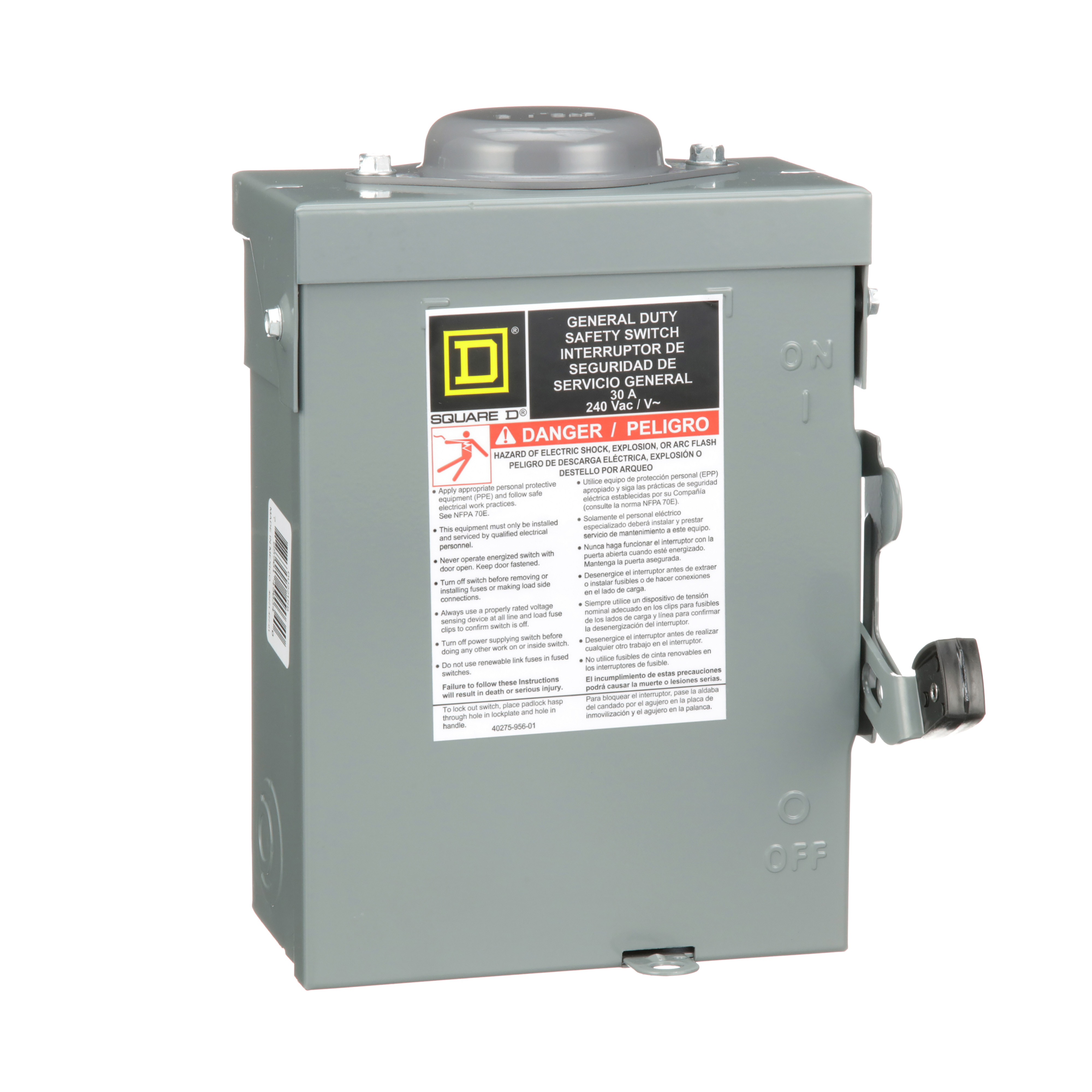 Safety switch, general duty, non fusible, 30A, 2 pole, 3hp, 240VAC, NEMA 3R, bolt on provision