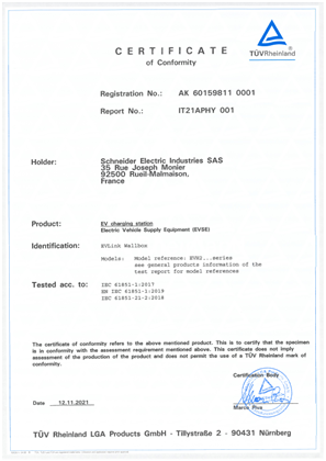 EVlink Wallbox EVH2 series - Certificate of Conformity - TUV