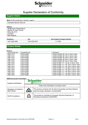 Acti 9 iDPN Vigi, iC60 RCBO, Supplier Declaration of Conformity