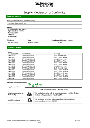 Acti 9 iDPN Vigi, N RCBO, Supplier Declaration of Conformity