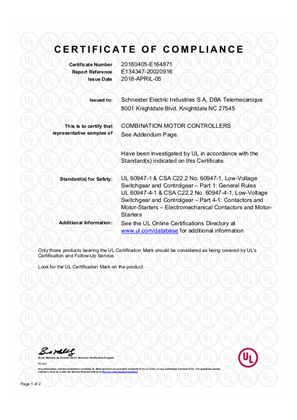 UL_Certificate_TeSys GV2P Type E & GV2P combined with LC1D09-38 type F